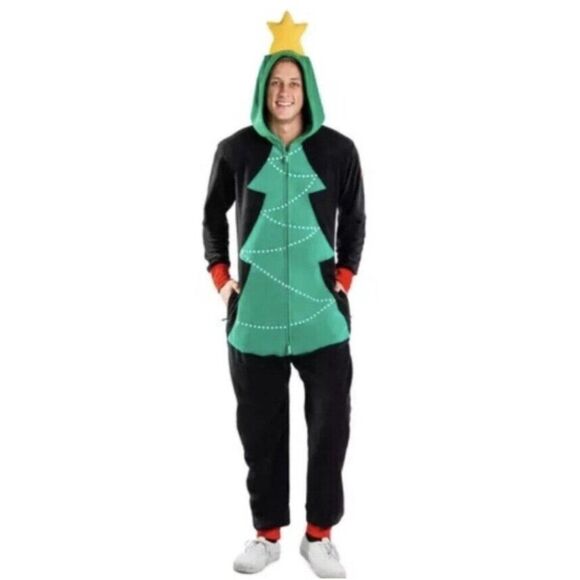 Tipsey Elves Mens L Christmas Tree Fleece Full Zip Hooded Jumpsuit Costume New - Picture 1 of 5